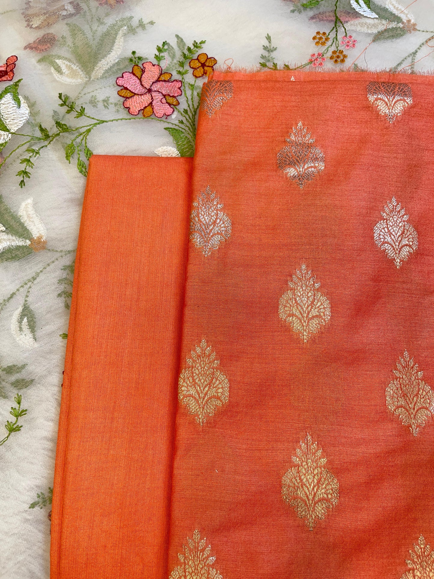 Orange Cotton Silk Dyable Floral Zari Booti with Embroidered Dupatta Banarasi 3 pcs Suit Set 14IM_DCS20