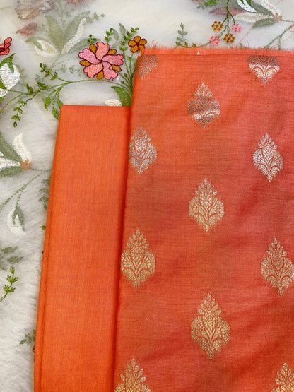 Orange Cotton Silk Dyable Floral Zari Booti with Embroidered Dupatta Banarasi 3 pcs Suit Set 14IM_DCS20