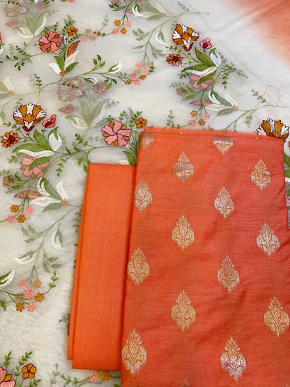 Orange Cotton Silk Dyable Floral Zari Booti with Embroidered Dupatta Banarasi 3 pcs Suit Set 14IM_DCS20
