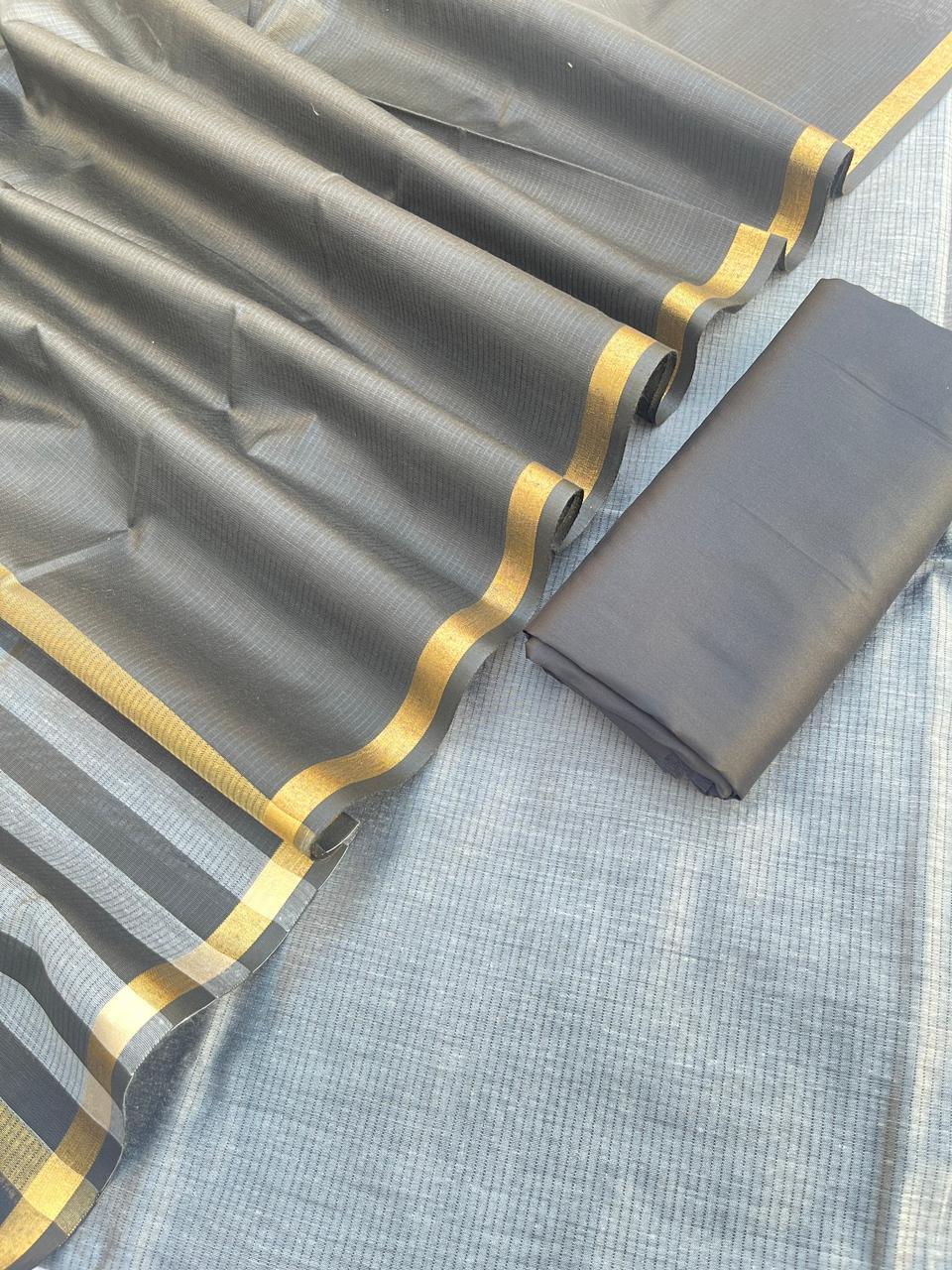 Elegant Black & Grey Cotton Silk Banarasi Suit with Stripe Zari Patti Dupatta 600SKL_CS18