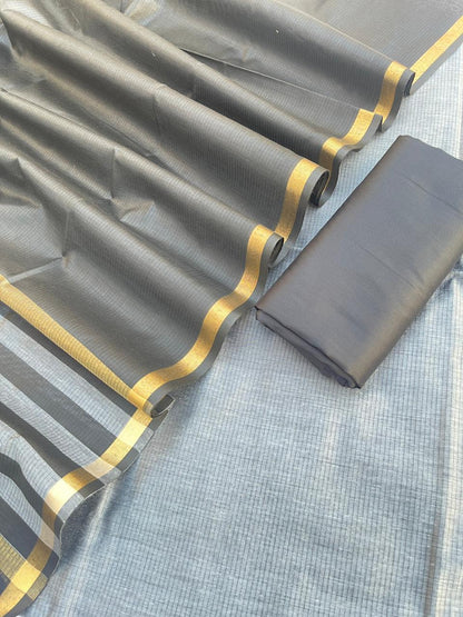 Elegant Black & Grey Cotton Silk Banarasi Suit with Stripe Zari Patti Dupatta 600SKL_CS18