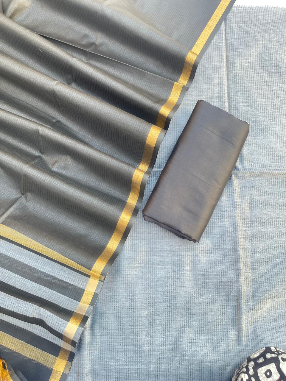 Elegant Black & Grey Cotton Silk Banarasi Suit with Stripe Zari Patti Dupatta 600SKL_CS18