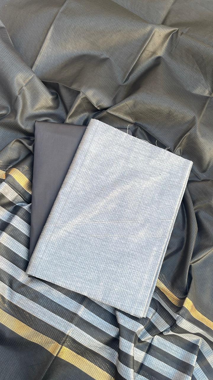 Elegant Black & Grey Cotton Silk Banarasi Suit with Stripe Zari Patti Dupatta 600SKL_CS18
