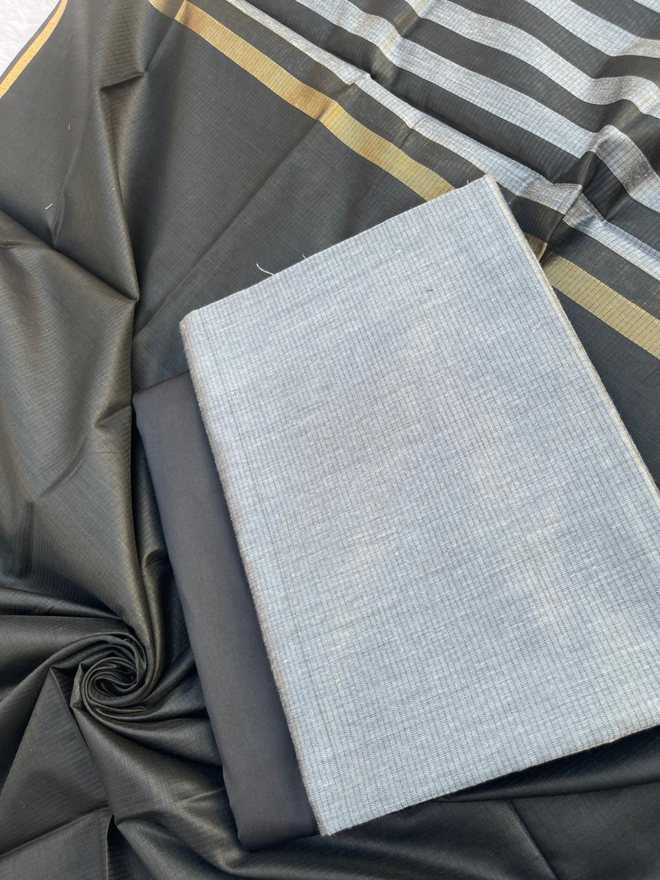 Elegant Black & Grey Cotton Silk Banarasi Suit with Stripe Zari Patti Dupatta 600SKL_CS18