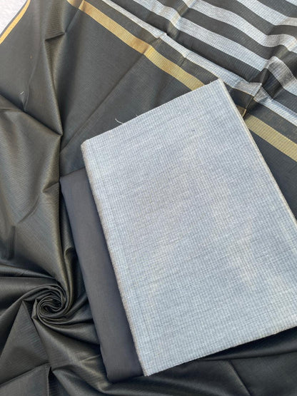 Elegant Black & Grey Cotton Silk Banarasi Suit with Stripe Zari Patti Dupatta 600SKL_CS18