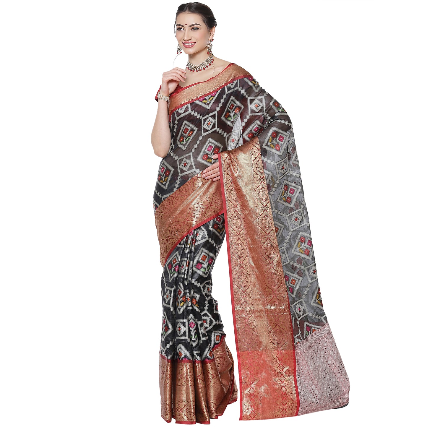 Faishana Black Art Silk Meena Ikat Patola Pattu Banarasi Saree With Maroon Blouse Piece