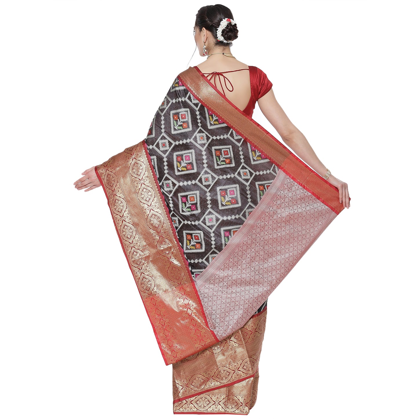 Faishana Black Art Silk Meena Ikat Patola Pattu Banarasi Saree With Maroon Blouse Piece