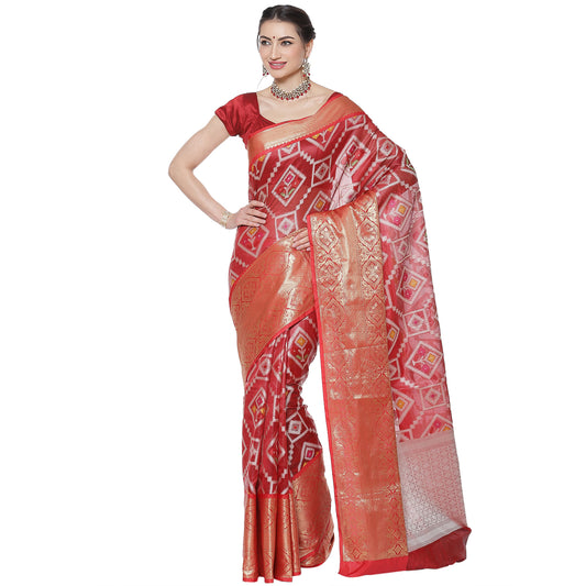 Faishana Presents Maroon Art Silk Meena Ikat Patola Patu Banarasi Saree With Maroon Blouse Piece