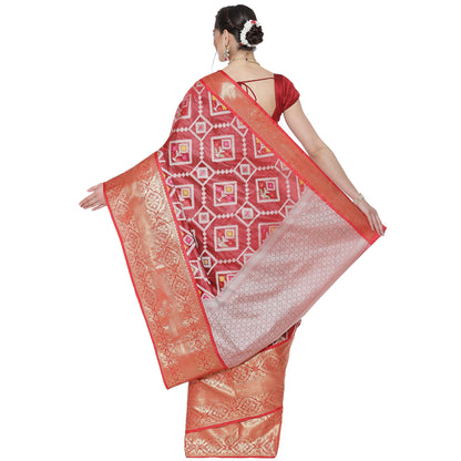 Faishana Presents Maroon Art Silk Meena Ikat Patola Patu Banarasi Saree With Maroon Blouse Piece
