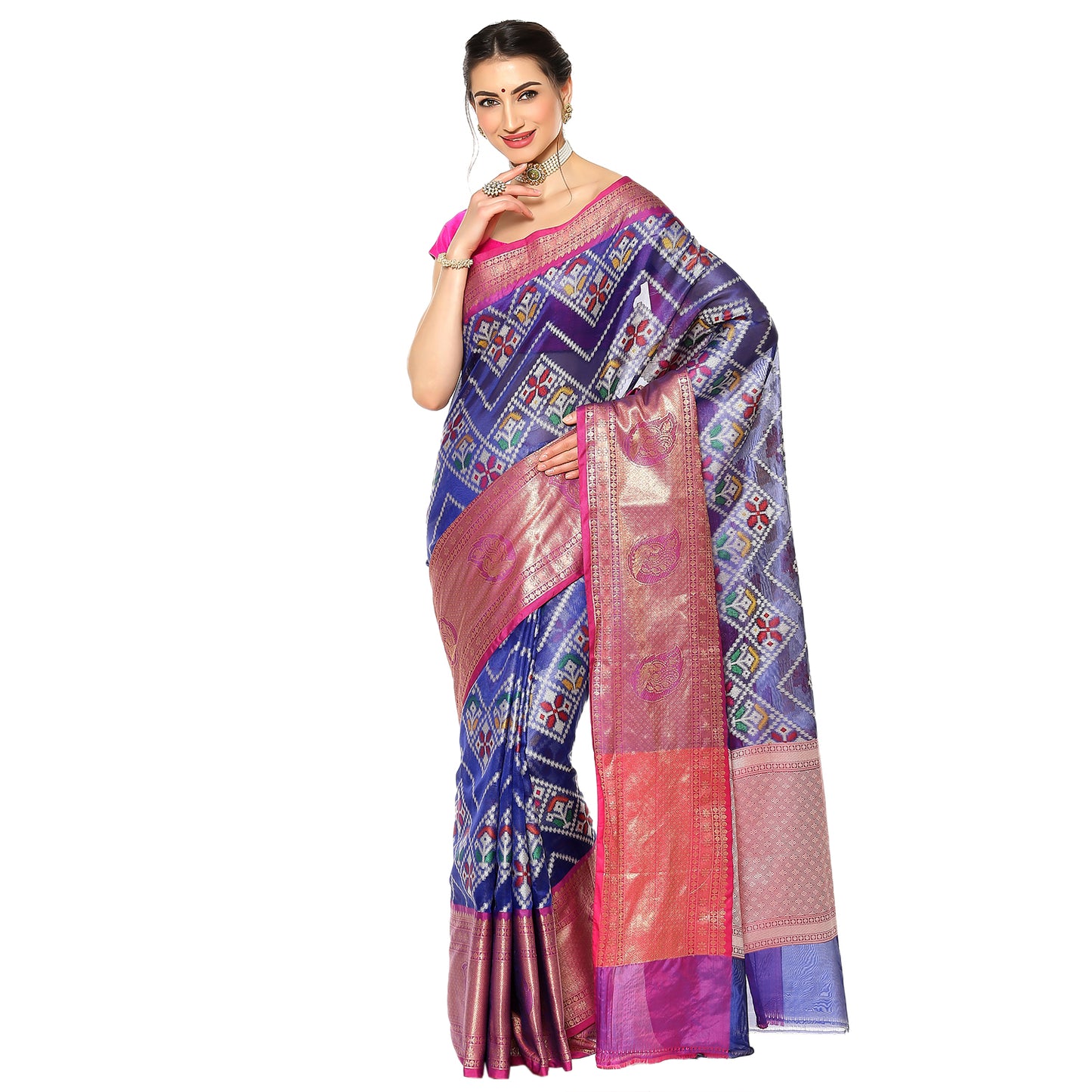 Faishana Blue Art Silk Meena Ikat Patola Pattu Banarasi Saree With Pink Blouse