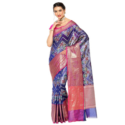 Faishana Blue Art Silk Meena Ikat Patola Pattu Banarasi Saree With Pink Blouse