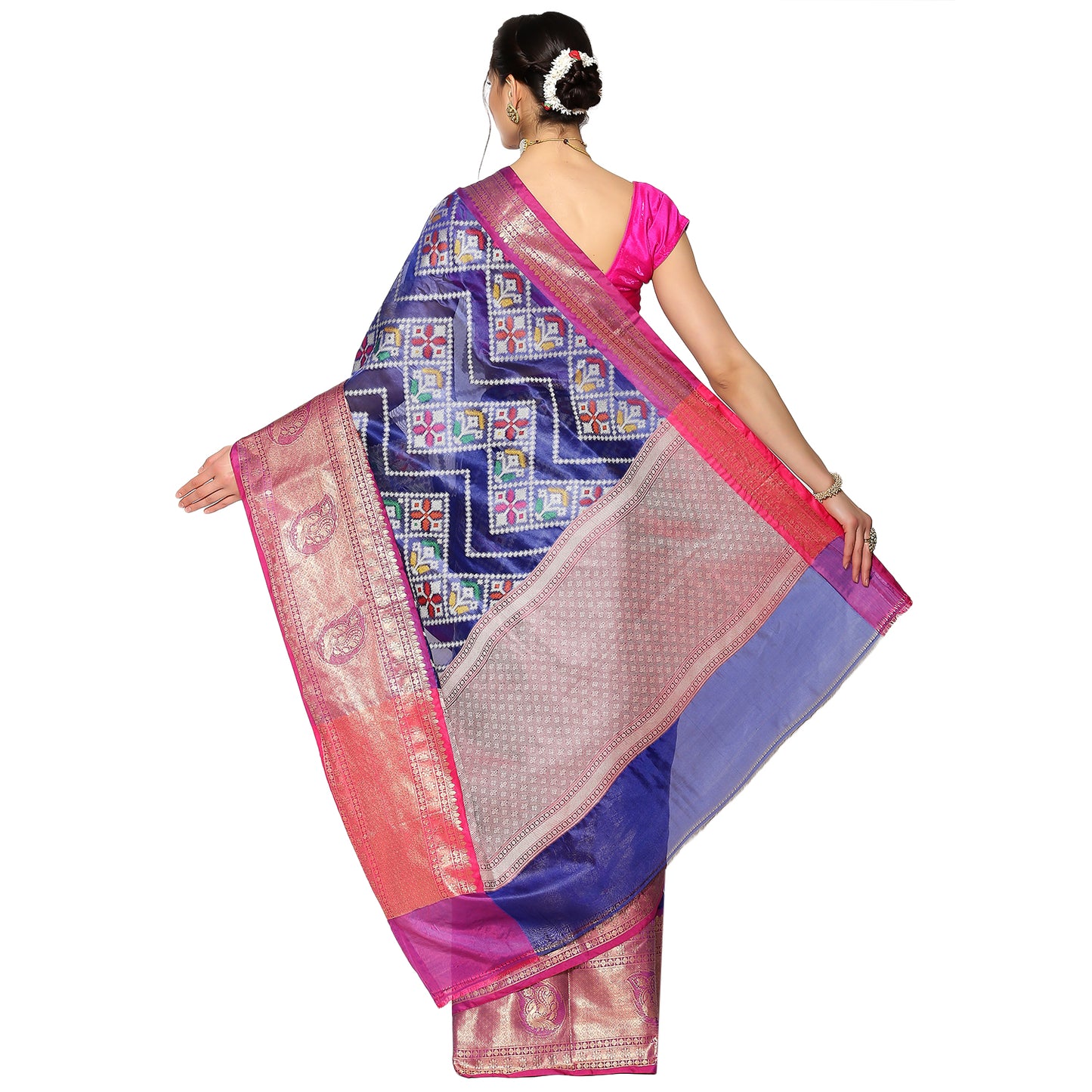 Faishana Blue Art Silk Meena Ikat Patola Pattu Banarasi Saree With Pink Blouse
