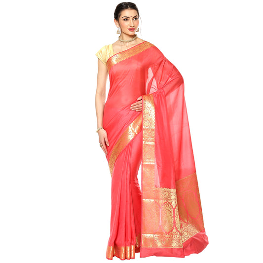 Faishana Presents Peach Katan Silk Plain Zari Anchal With Contrast Gold Zari Border Banarasi Saree