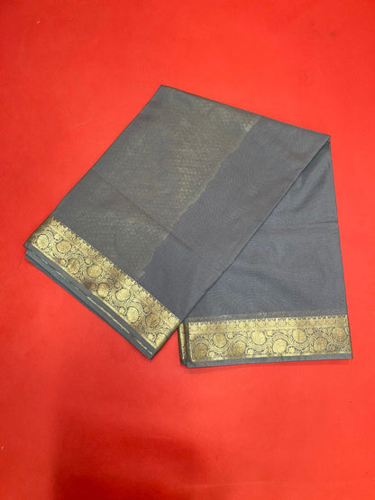 Faishana Presents Grey Katan Silk Plain Zari Anchal With Contrast Gold Zari Border Banarasi Saree