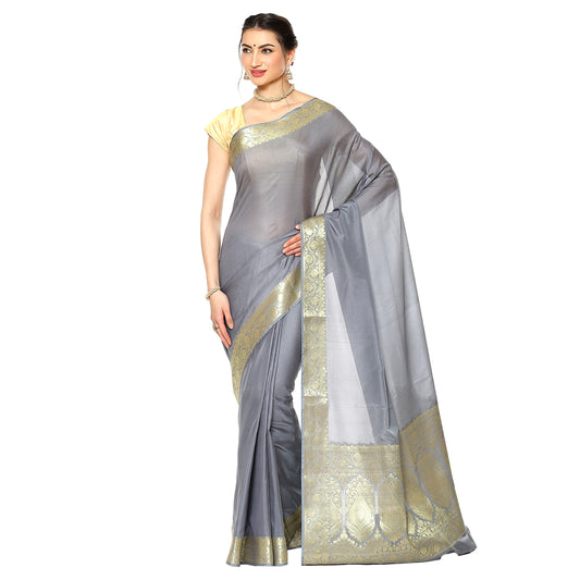 Faishana Presents Grey Katan Silk Plain Zari Anchal With Contrast Gold Zari Border Banarasi Saree