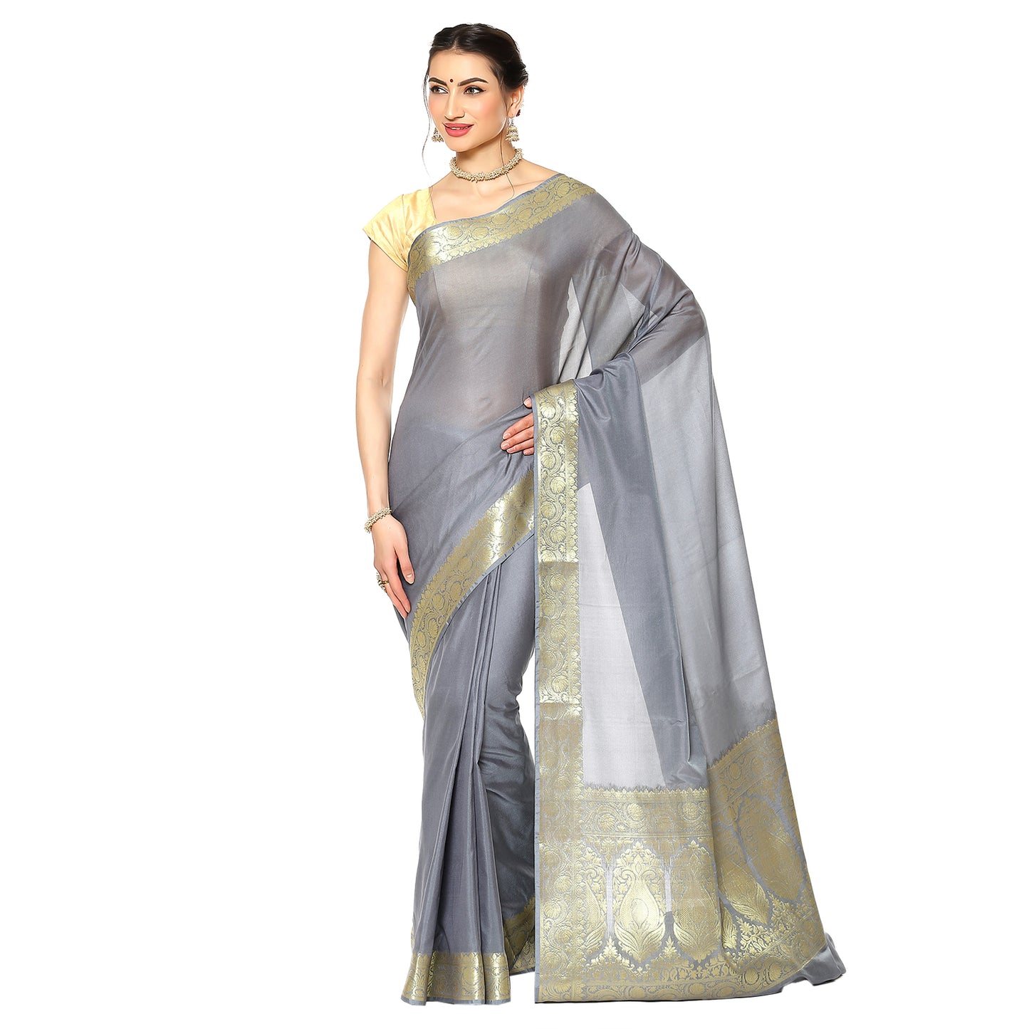 Grey Katan Silk Banarasi Sarees For Women GEASF205