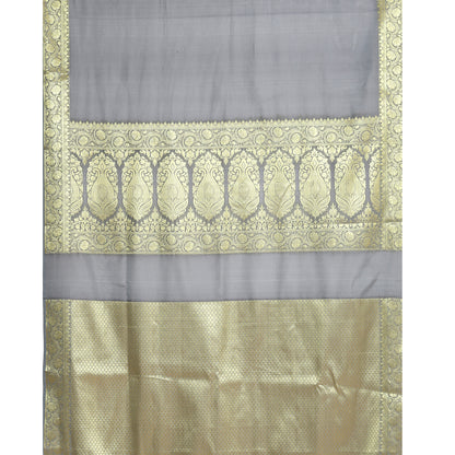 Faishana Presents Grey Katan Silk Plain Zari Anchal With Contrast Gold Zari Border Banarasi Saree