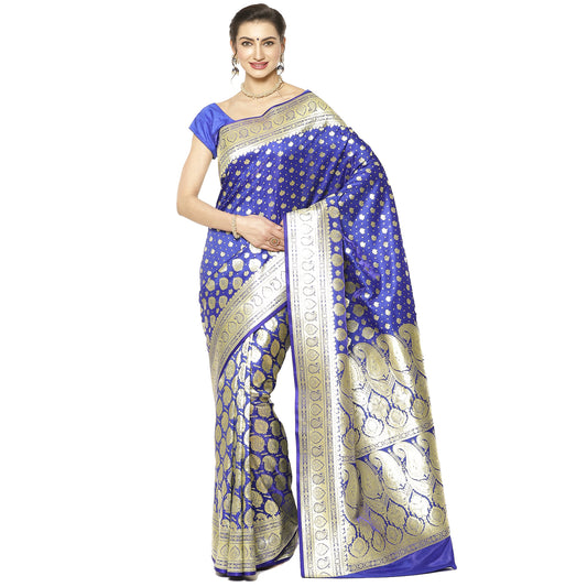 Faishana Presents Blue Half Half Patli Zari Jaal Satin Silk Saree With Blue Blouse Piece