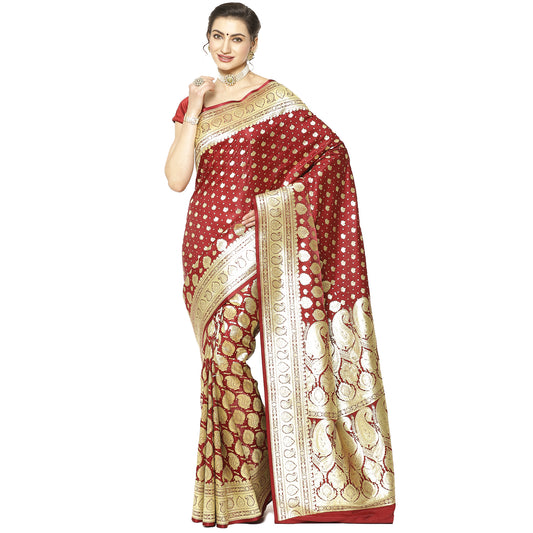 Faishana Presents Maroon Half Half Patli Zari Jaal Satin Silk Saree With Maroon Blouse Piece
