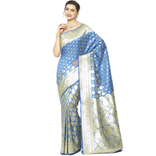 Faishana Presents Turqouise Blue Half Half Patli Zari Jaal Satin Silk Saree With Turqouise Blue Blouse Piece