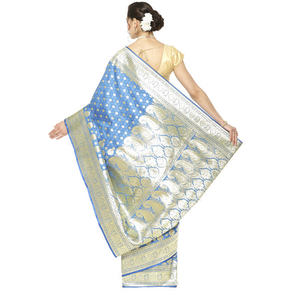 Faishana Presents Turqouise Blue Half Half Patli Zari Jaal Satin Silk Saree With Turqouise Blue Blouse Piece