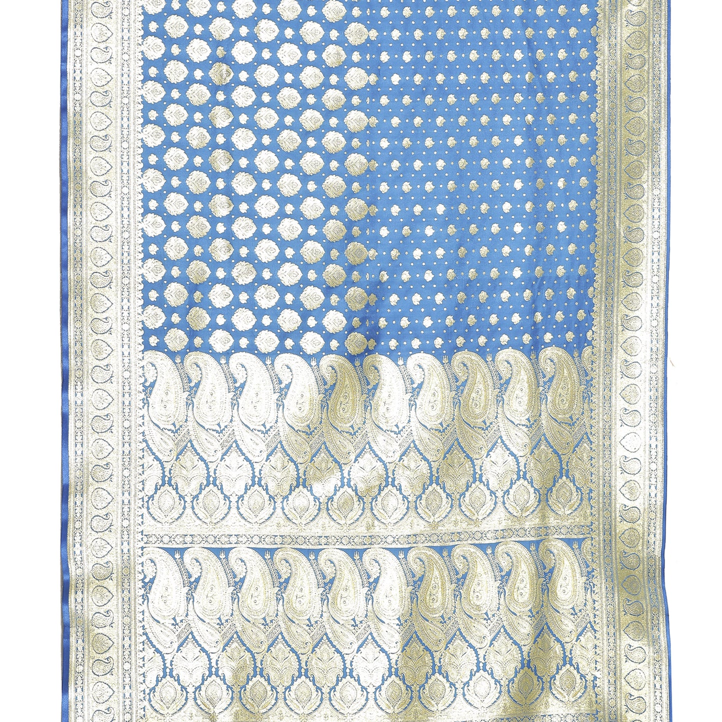 Faishana Presents Turqouise Blue Half Half Patli Zari Jaal Satin Silk Saree With Turqouise Blue Blouse Piece