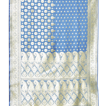 Faishana Presents Turqouise Blue Half Half Patli Zari Jaal Satin Silk Saree With Turqouise Blue Blouse Piece