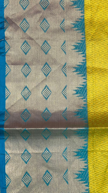 Faishana Gold Resham Brocade Saree With Contrast Blue Zari Pattu Border