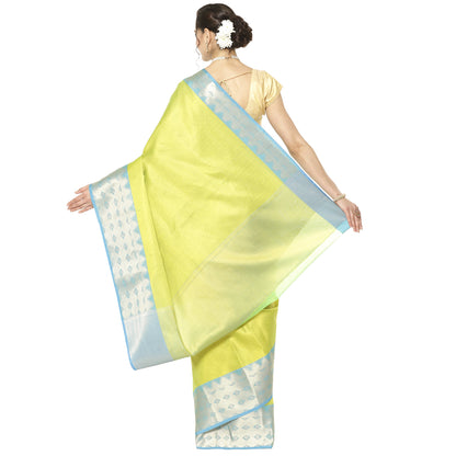 Faishana Gold Resham Brocade Saree With Contrast Blue Zari Pattu Border