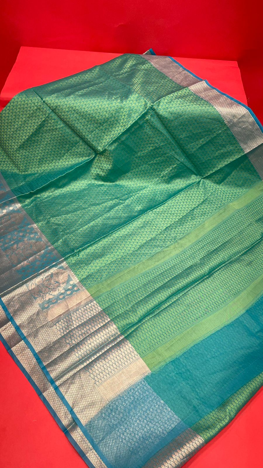 Faishana Green Resham Brocade Saree With Contrast Turquoise Blue Zari Pattu Border