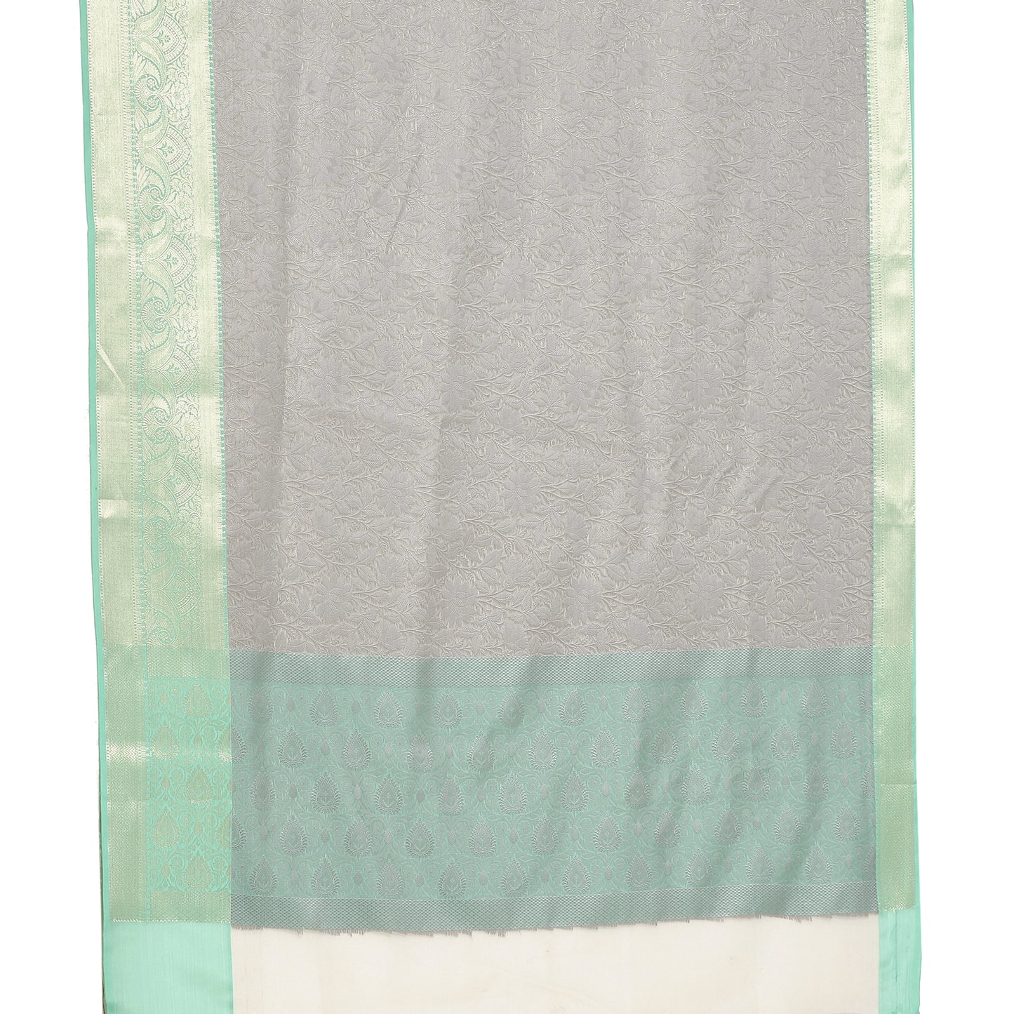 Faishana Grey Resham Brocade Saree With Contrast Seagreen Zari Pattu Border