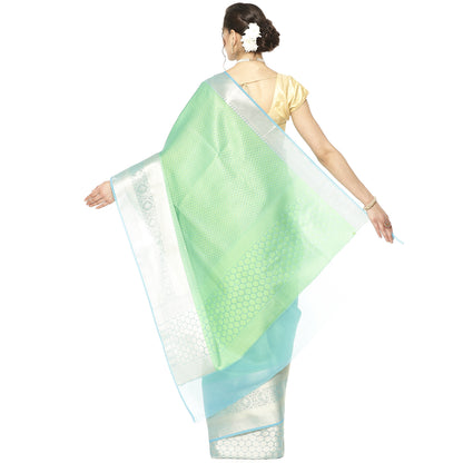 Faishana Green Resham Brocade Saree With Contrast Sky Blue Zari Pattu Border