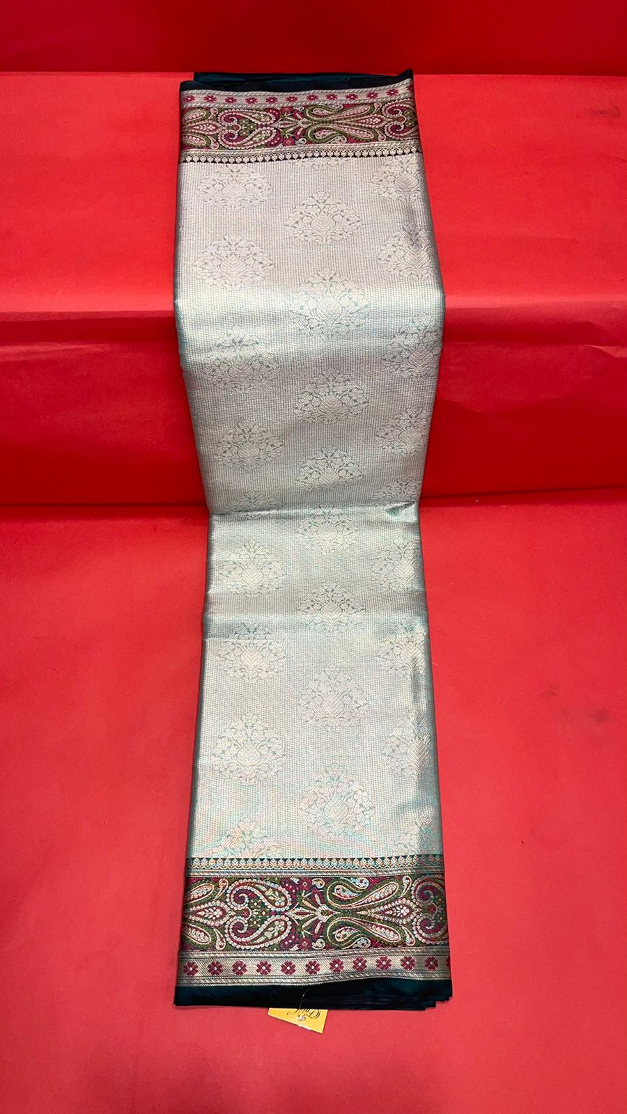 Faishana Presents Sea Green Zari Kanchi Silk Brocade Contrast Silver Gold Jamwar Border Banarasi Saree