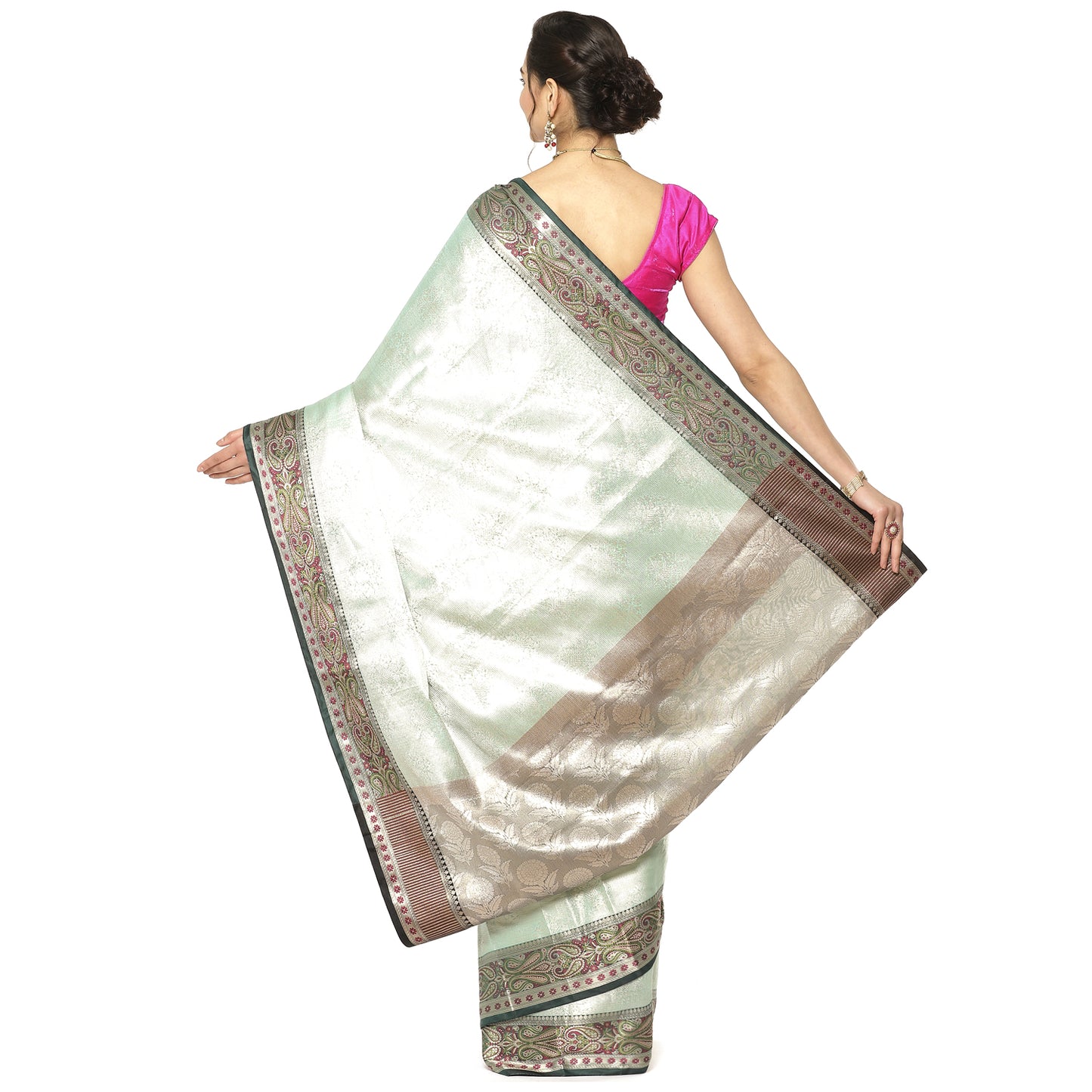 Faishana Presents Sea Green Zari Kanchi Silk Brocade Contrast Silver Gold Jamwar Border Banarasi Saree