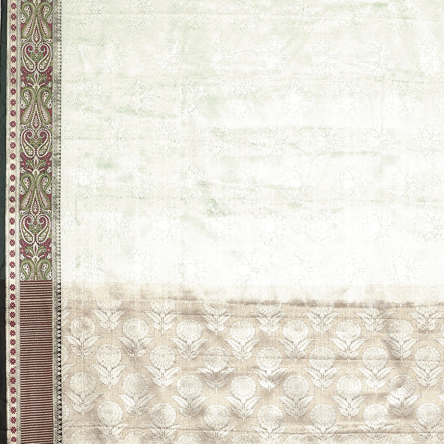 Faishana Presents Sea Green Zari Kanchi Silk Brocade Contrast Silver Gold Jamwar Border Banarasi Saree