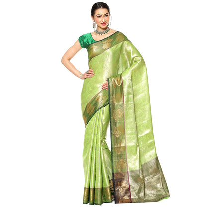 Lime Green Kanchi Silk Banarasi Sarees For Women GEBE11