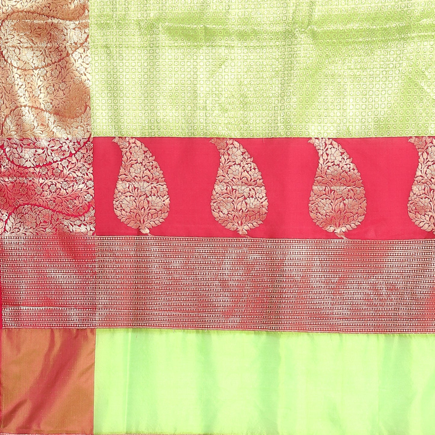 Faishana Presents Green Zari Kanchi Silk Brocade Contrast Pink Zari Pattu Border Banarasi Saree