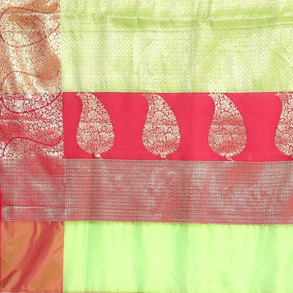 Faishana Presents Green Zari Kanchi Silk Brocade Contrast Pink Zari Pattu Border Banarasi Saree