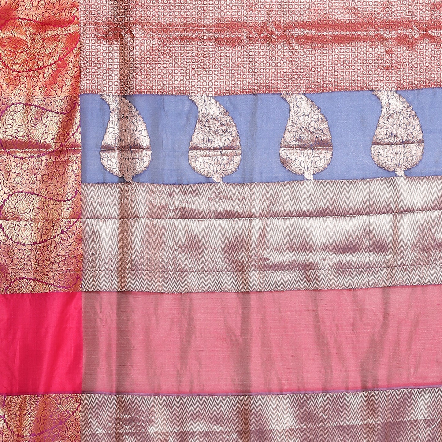 Faishana Presents Brown Antique Zari Kanchi Silk Brocade Contrast Pink Zari Pattu Border Banarasi Saree.