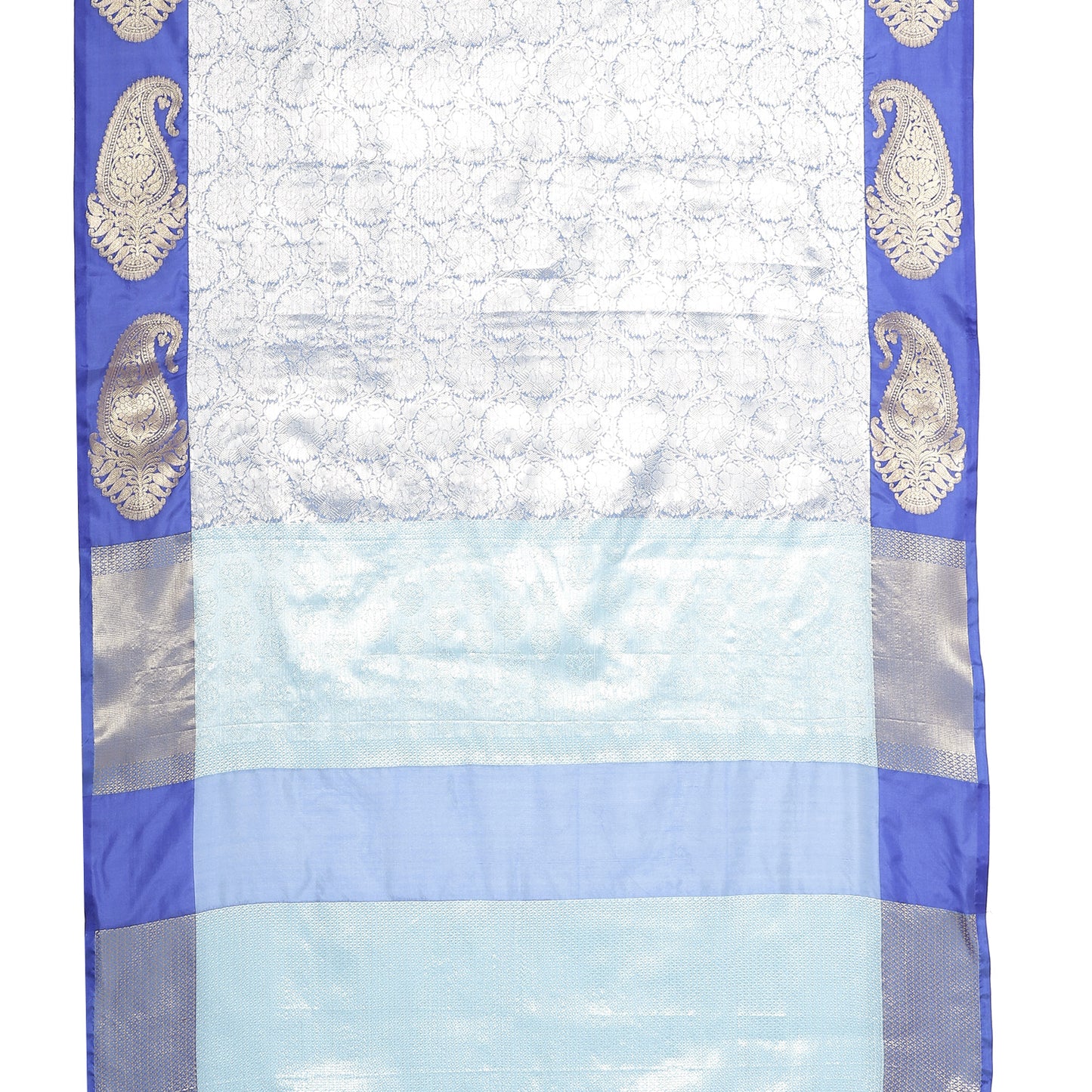 Faishana Presents Sky Blue Zari Kanchi Silk Brocade Contrast Royal Blue Zari Pattu Border Banarasi Saree