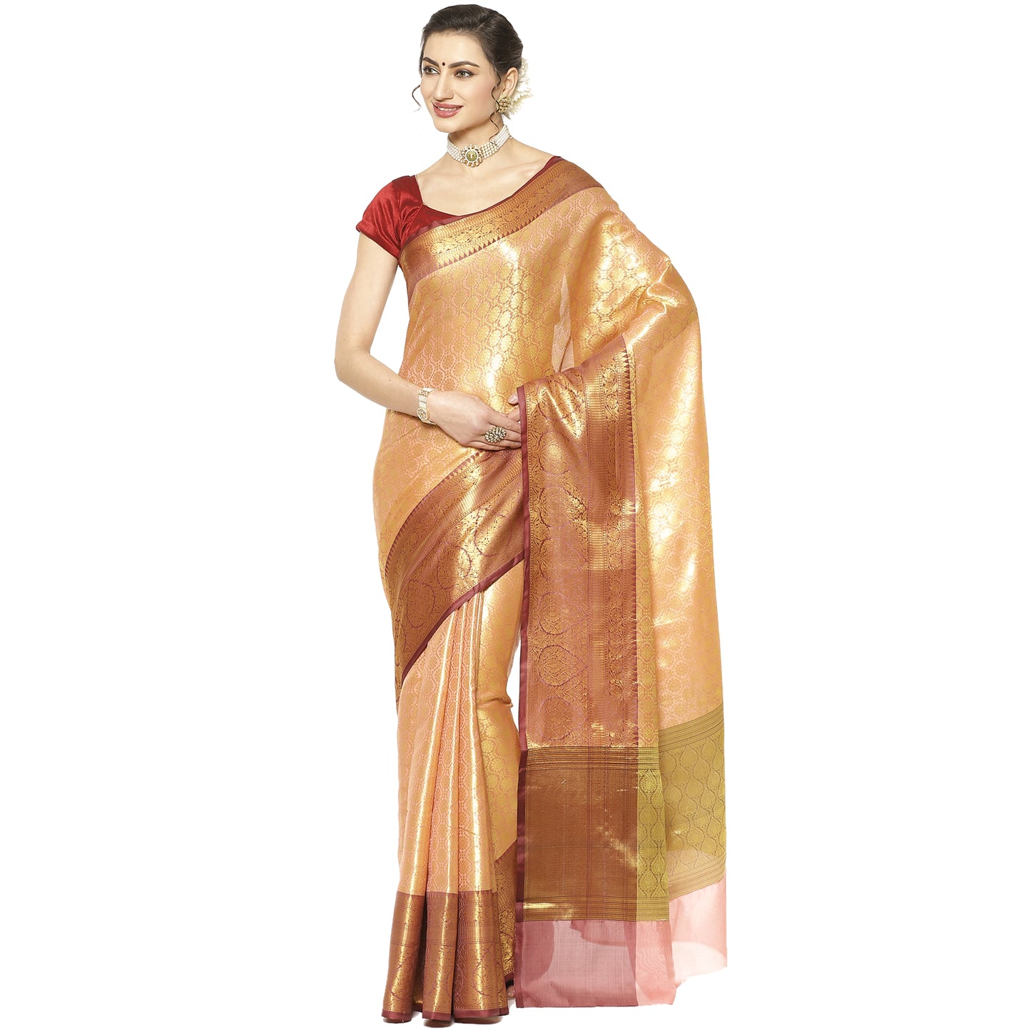 Faishana Presents Peach Zari Kanchi Silk Brocade Contrast Maroon Zari Pattu Border Banarasi Saree