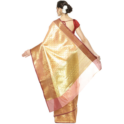 Faishana Presents Peach Zari Kanchi Silk Brocade Contrast Maroon Zari Pattu Border Banarasi Saree