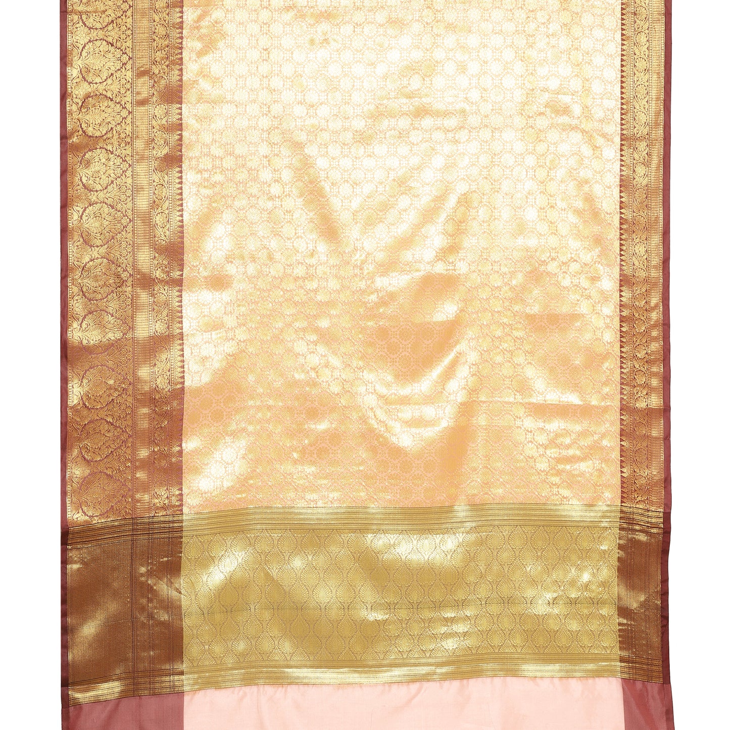 Faishana Presents Peach Zari Kanchi Silk Brocade Contrast Maroon Zari Pattu Border Banarasi Saree