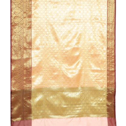 Faishana Presents Peach Zari Kanchi Silk Brocade Contrast Maroon Zari Pattu Border Banarasi Saree