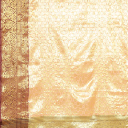 Faishana Presents Peach Zari Kanchi Silk Brocade Contrast Maroon Zari Pattu Border Banarasi Saree