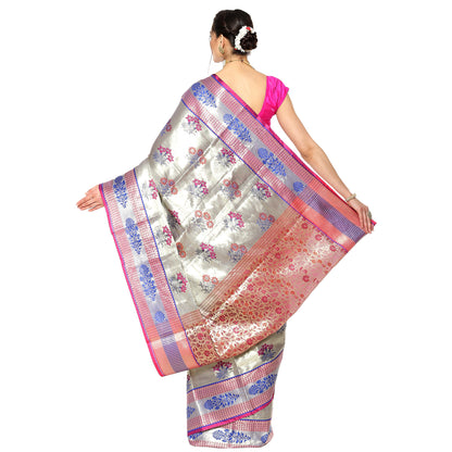 Faishana Presents Grey Zari Meena Paithani Brocade Contrast Pink Pattu Border Banarasi Saree