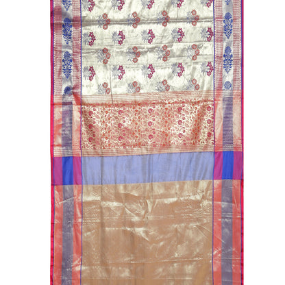 Faishana Presents Grey Zari Meena Paithani Brocade Contrast Pink Pattu Border Banarasi Saree