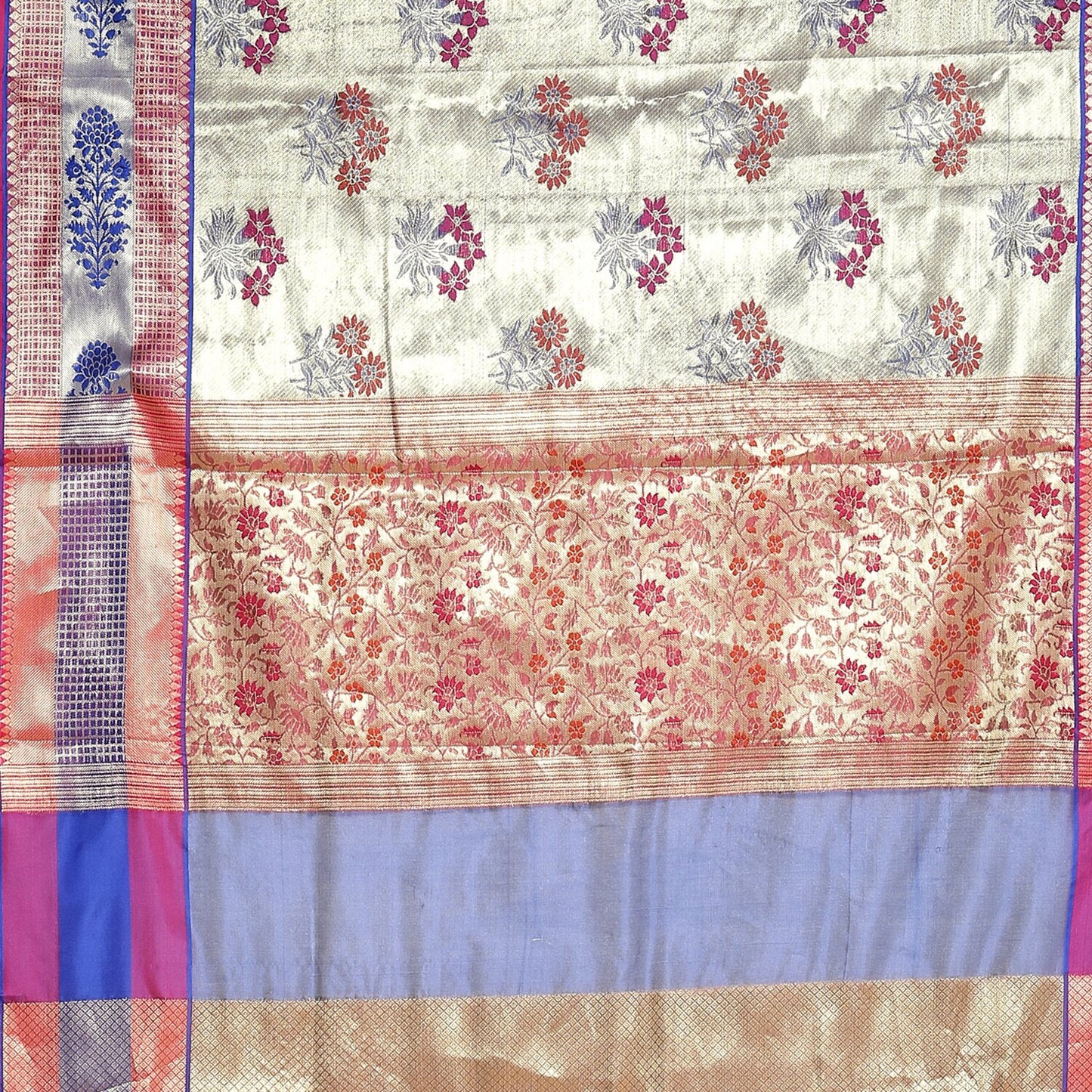 Faishana Presents Grey Zari Meena Paithani Brocade Contrast Pink Pattu Border Banarasi Saree