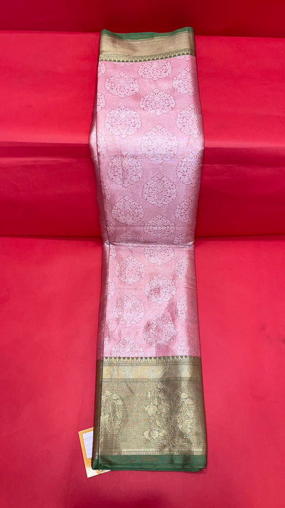 Faishana Presents Pink Silver Zari Kanchi Silk Contrast Brocade Contrast Green Zari Pattu Border Banarasi Saree