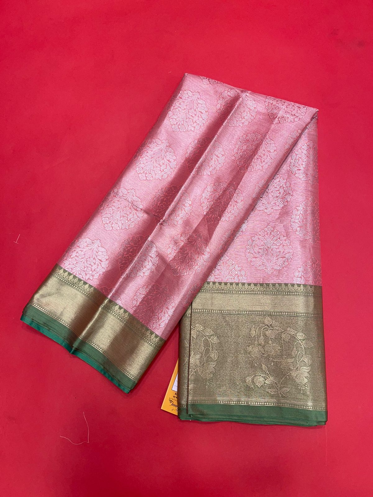 Faishana Presents Pink Silver Zari Kanchi Silk Contrast Brocade Contrast Green Zari Pattu Border Banarasi Saree